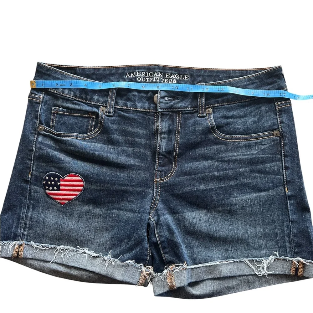 American Eagle Outfitters Dark Blue Denim Shorts with Flag Heart Patch - Picture 2 of 7